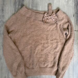 abercrombie kids Blush Pink Fuzzy Off-the-Shoulder Sweater with Satin Bow